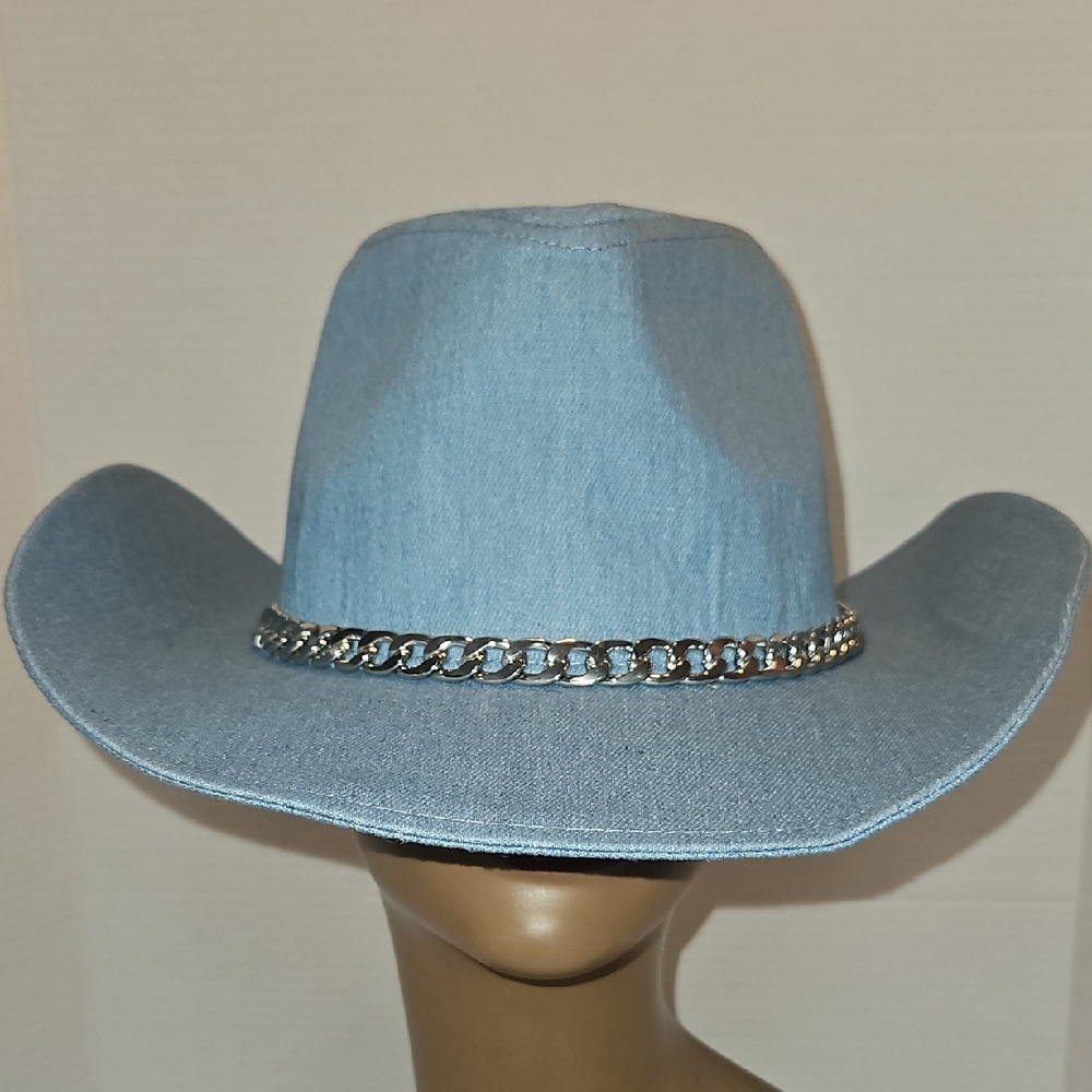 Stylish Blue Denim Cowboy Hat with Silver Chain